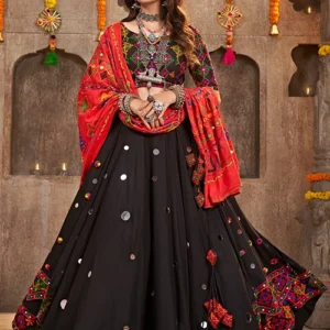Black Designer Mirror Work With Embroidered Chaniya Choli For Navratri Festival