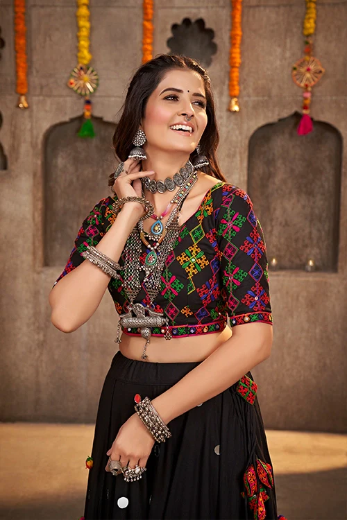 Black Designer Mirror Work With Embroidered Chaniya Choli For Navratri Festival