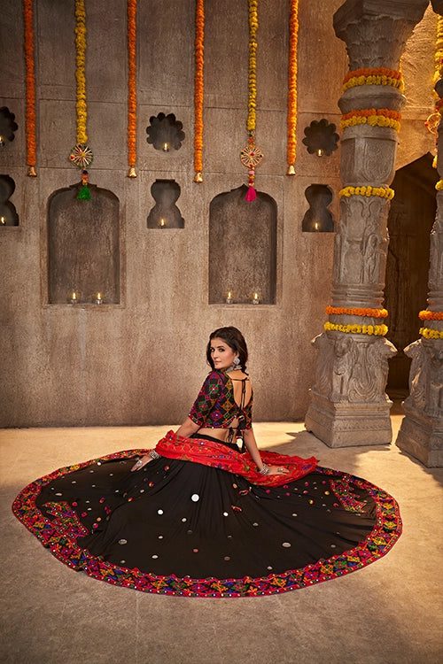 Black Designer Mirror Work With Embroidered Chaniya Choli For Navratri Festival