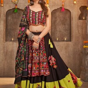 Black And Green Designer Embroidered Mirror Work Navratri Chaniya Choli