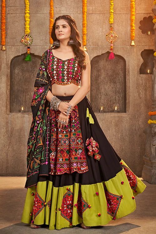 Black And Green Designer Embroidered Mirror Work Navratri Chaniya Choli