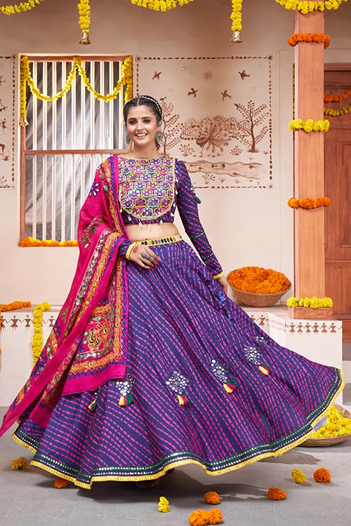 Blue Mirror Work Rayon Navratri Wear Lehenga Choli