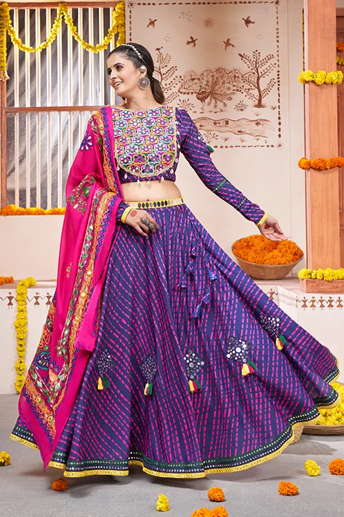 Blue Mirror Work Rayon Navratri Wear Lehenga Choli