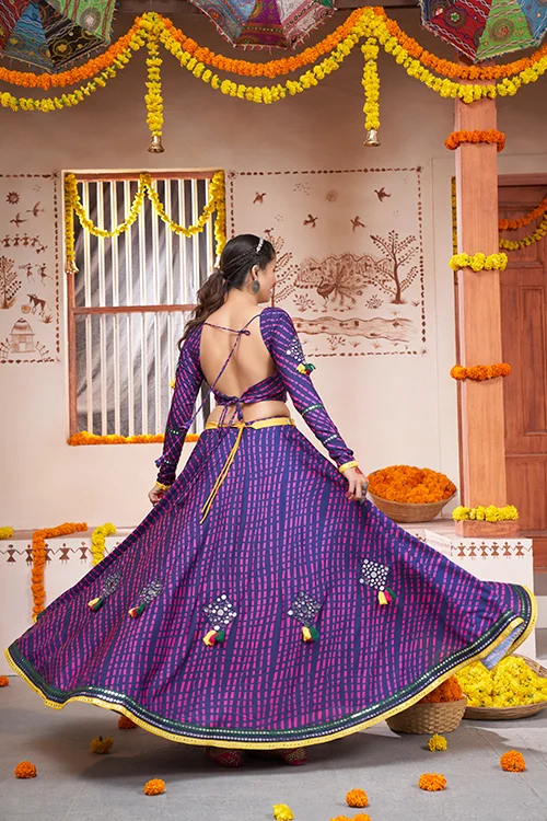 Blue Mirror Work Rayon Navratri Wear Lehenga Choli