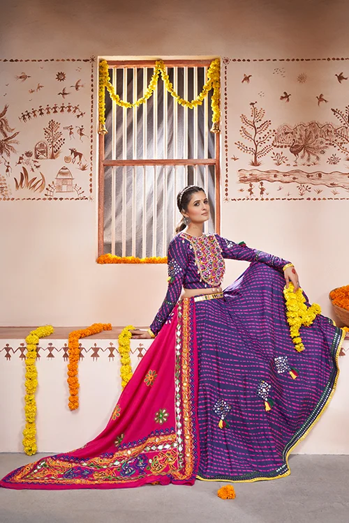 Blue Mirror Work Rayon Navratri Wear Lehenga Choli