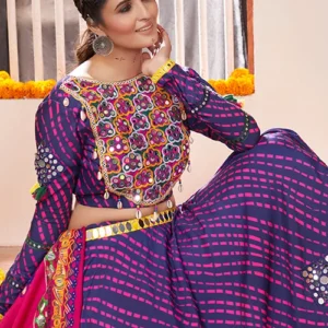 Blue Mirror Work Rayon Navratri Wear Lehenga Choli