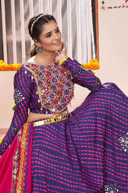 Blue Mirror Work Rayon Navratri Wear Lehenga Choli