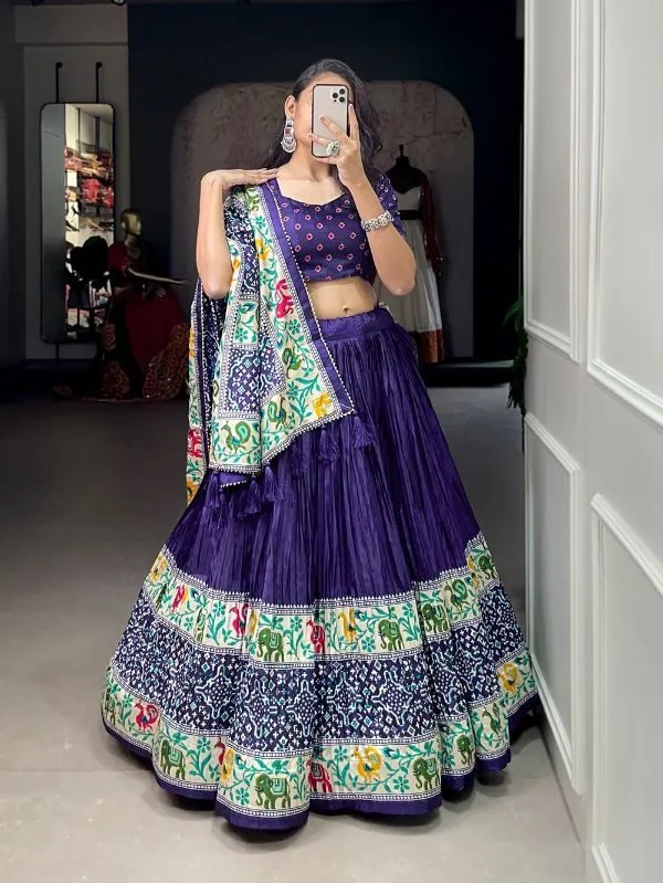 Wedding Wear Lehenga Choli Blue Patola Print Dola Silk