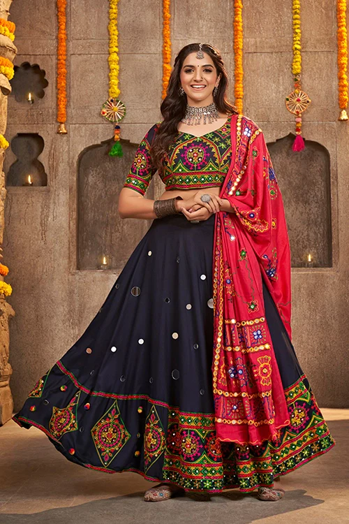 Navy Blue Rayon Embroidered With Mirror Work Navratri Chaniya Choli