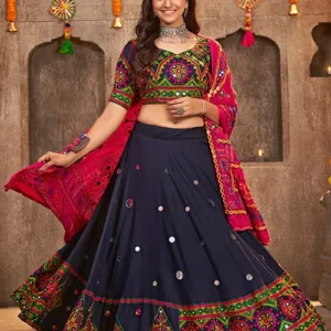 Navy Blue Rayon Embroidered With Mirror Work Navratri Chaniya Choli