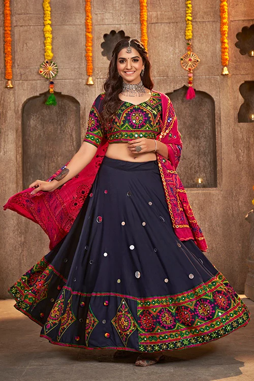 Navy Blue Rayon Embroidered With Mirror Work Navratri Chaniya Choli