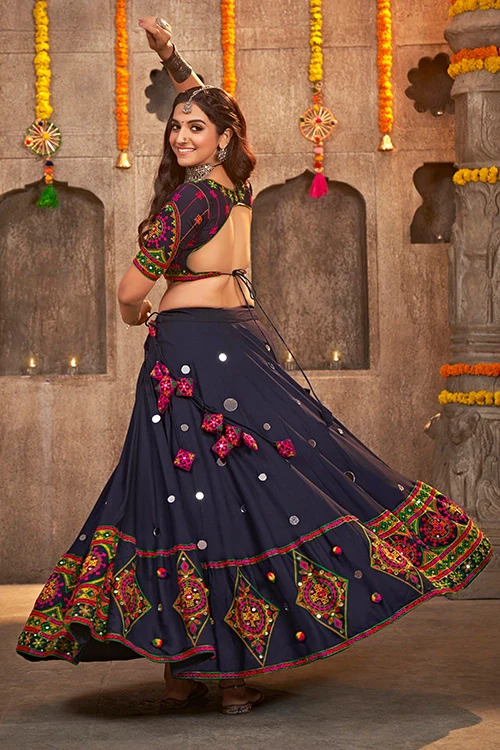 Navy Blue Rayon Embroidered With Mirror Work Navratri Chaniya Choli
