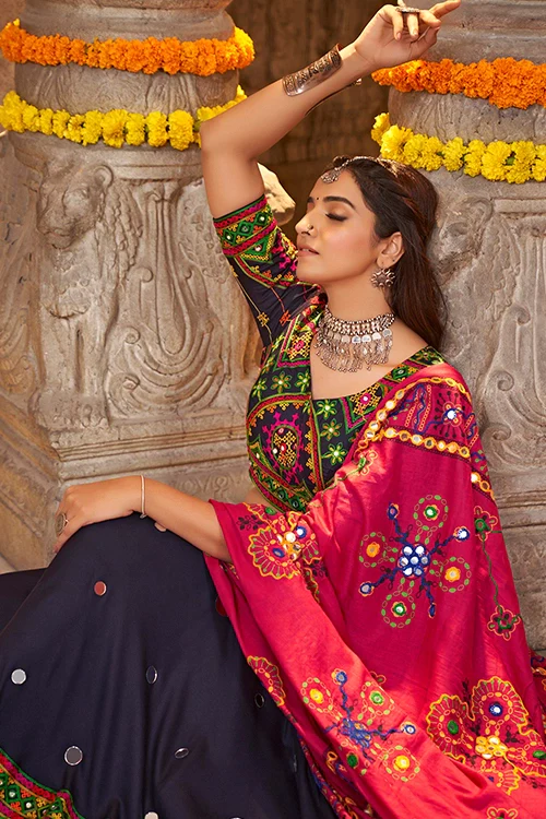 Navy Blue Rayon Embroidered With Mirror Work Navratri Chaniya Choli
