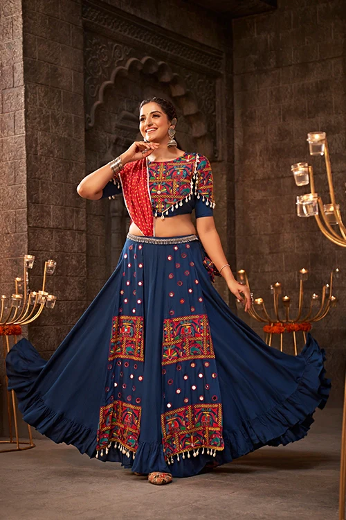 Blue Thread Embroidered Chaniya Choli For Indian Navratri Special Collection
