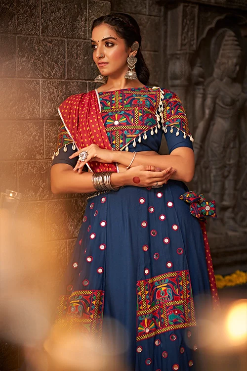 Blue Thread Embroidered Chaniya Choli For Indian Navratri Special Collection