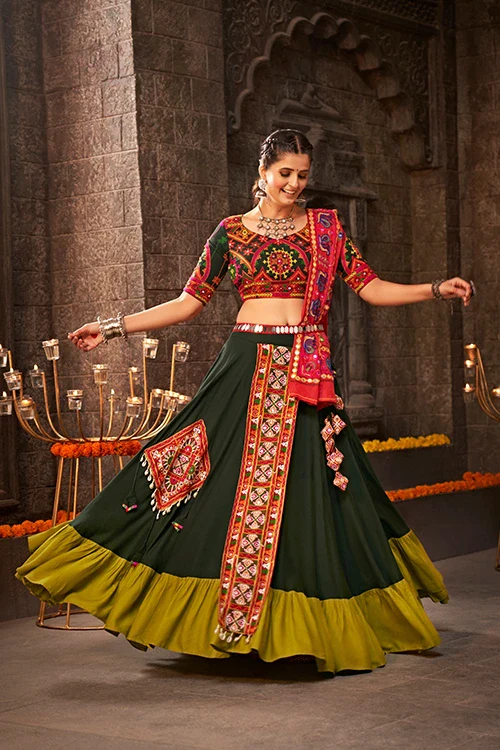 Green Color Embroidered Ethnic Traditional Navratri Chaniya Choli