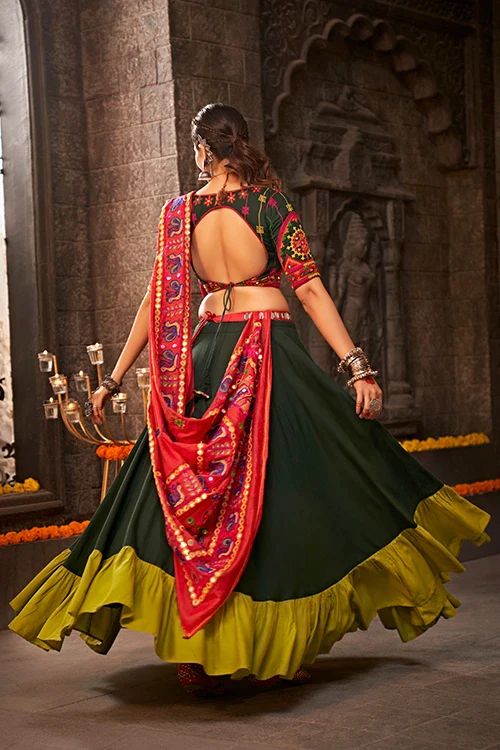 Green Color Embroidered Ethnic Traditional Navratri Chaniya Choli