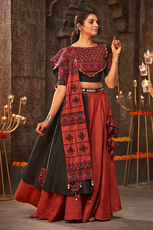 Orange Mirror Work Navratri Chaniya Choli