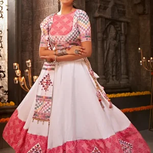 White Jacquard Cotton Embroiderd Traditional Chaniya Choli For Navratri