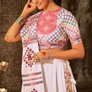White Jacquard Cotton Embroiderd Traditional Chaniya Choli For Navratri