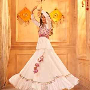 Gujarati White Navratri Lehenga Choli Set