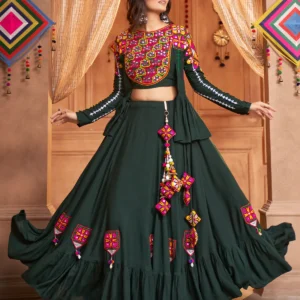 Gujarati Dark Green Navratri Lehenga Choli Set - WeftKart