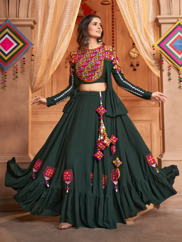 Gujarati Dark Green Navratri Lehenga Choli Set - WeftKart