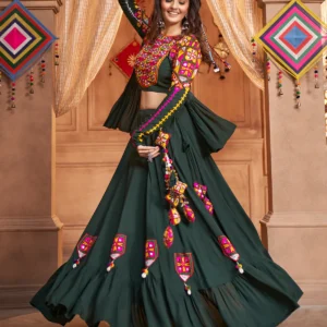 Gujarati Dark Green Navratri Lehenga Choli Set - WeftKart