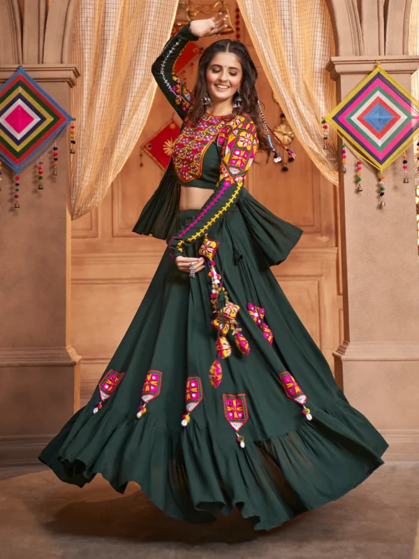 Gujarati Dark Green Navratri Lehenga Choli Set - WeftKart