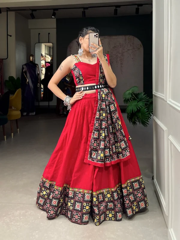 Red Color Navratri Lehenga Patola Print With Paper Mirror Work Lace Border