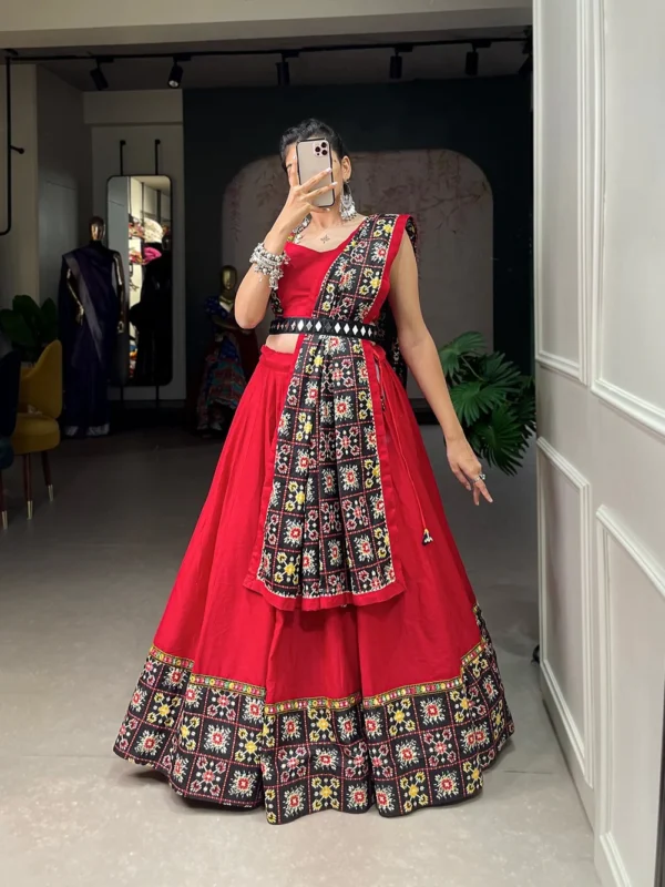 Red Color Navratri Lehenga Patola Print With Paper Mirror Work Lace Border