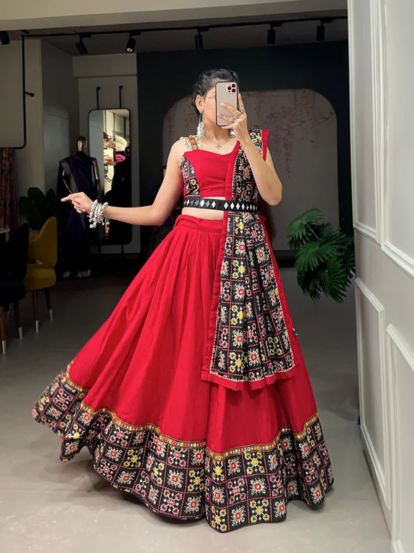 Red Color Navratri Lehenga Patola Print With Paper Mirror Work Lace Border