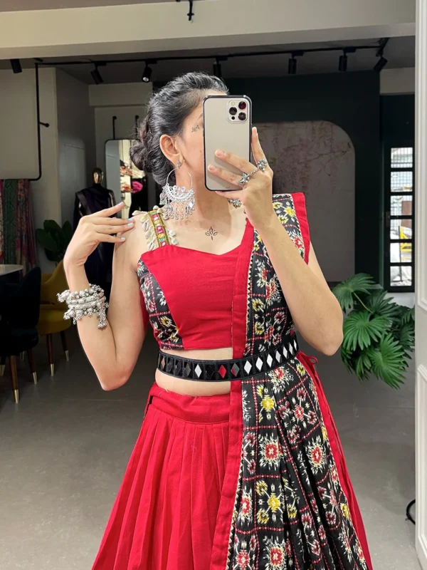 Red Color Navratri Lehenga Patola Print With Paper Mirror Work Lace Border