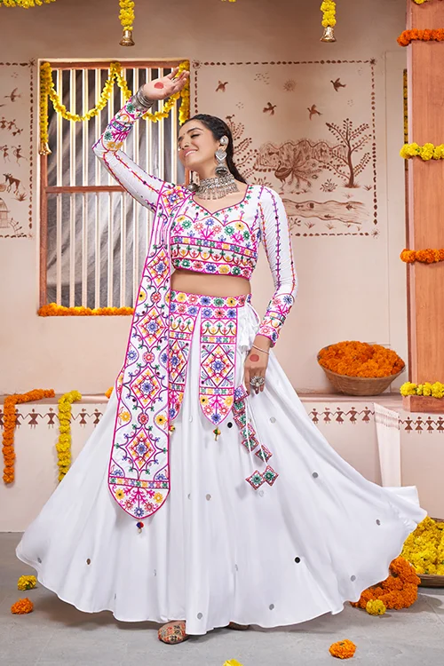 White Thread Work Rayon Navratri Lehenga Choli