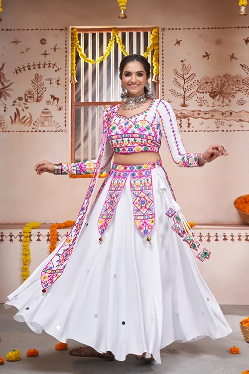White Thread Work Rayon Navratri Lehenga Choli