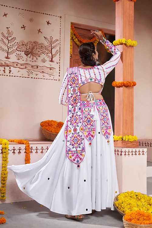 White Thread Work Rayon Navratri Lehenga Choli