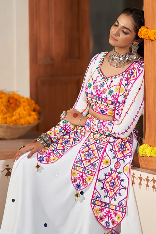 White Thread Work Rayon Navratri Lehenga Choli
