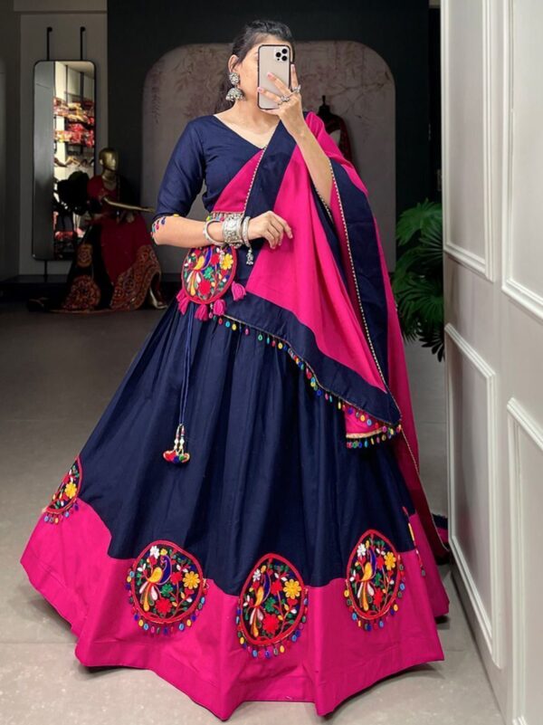Navy Blue-Pink Gamthi Work Cotton Navratri Chaniya Choli