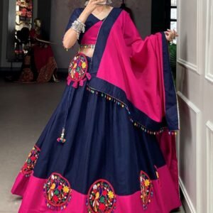 Navy Blue-Pink Gamthi Work Cotton Navratri Chaniya Choli