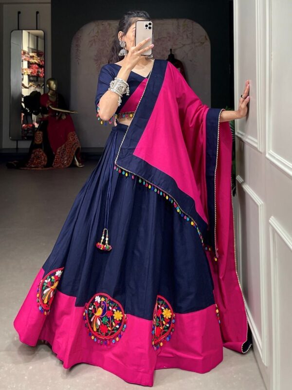 Navy Blue-Pink Gamthi Work Cotton Navratri Chaniya Choli