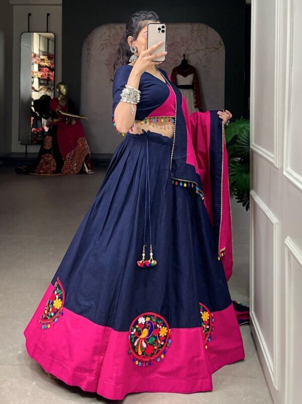 Navy Blue-Pink Gamthi Work Cotton Navratri Chaniya Choli