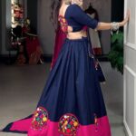 Navy Blue-Pink Gamthi Work Cotton Navratri Chaniya Choli