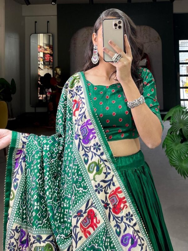 Wedding Wear Lehenga Choli Green Patola Print Dola Silk