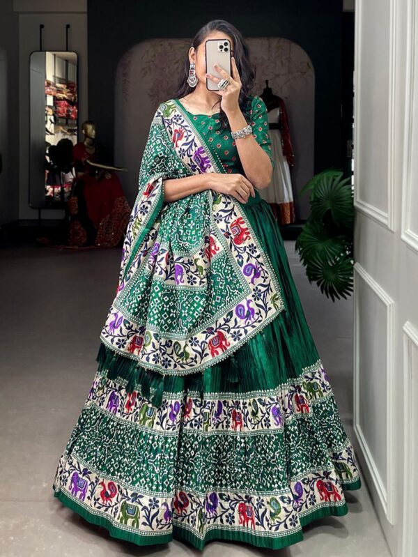 Wedding Wear Lehenga Choli Green Patola Print Dola Silk