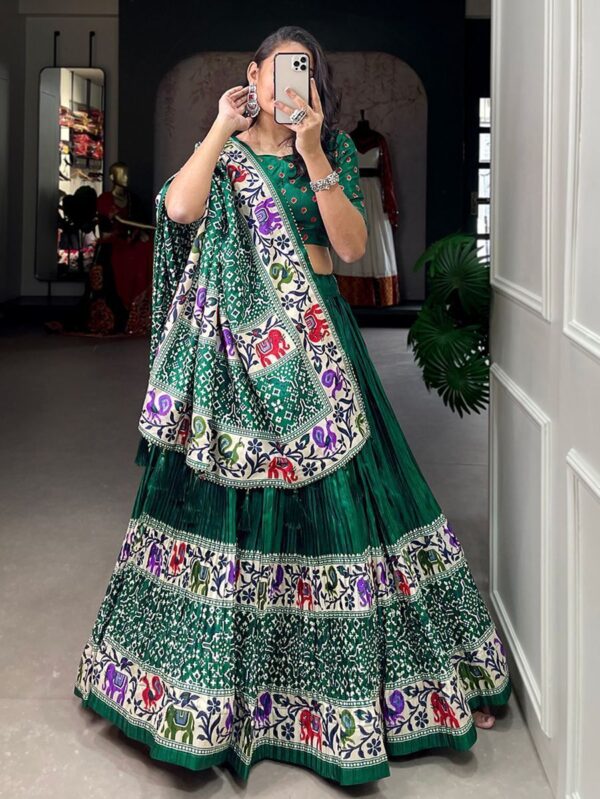 Wedding Wear Lehenga Choli Green Patola Print Dola Silk