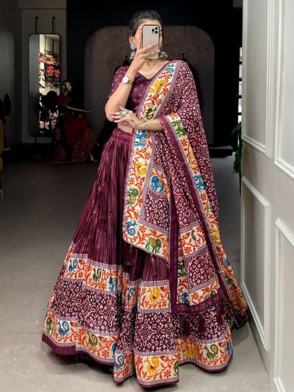 Wedding Wear Lehenga Choli Maroon Patola Print Dola Silk
