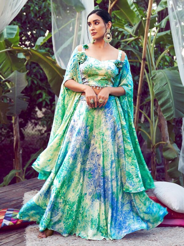 Green Lehenga Choli with Fancy Dupatta with Digital Printed Work for Party Wear