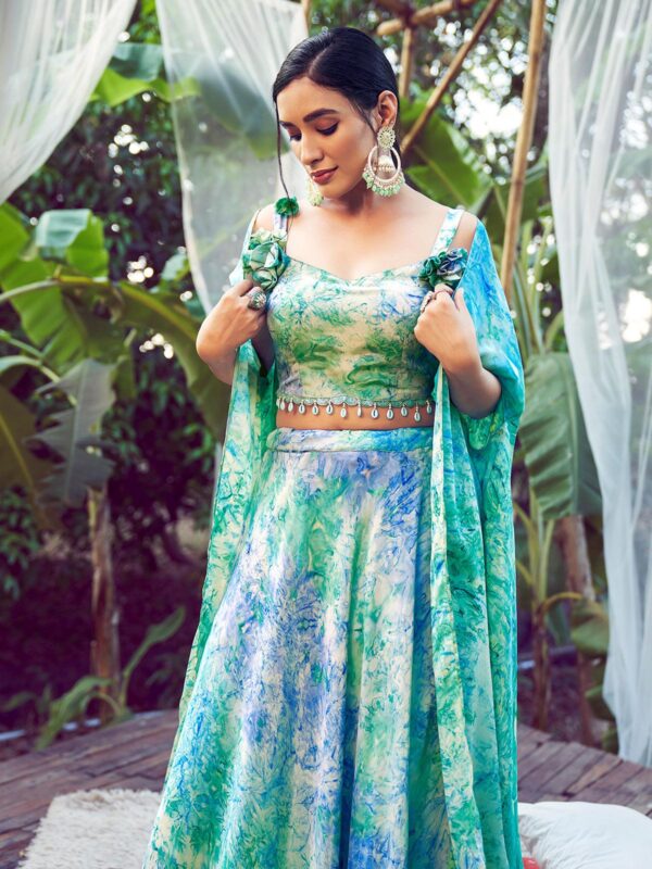 Green Lehenga Choli with Fancy Dupatta with Digital Printed Work for Party Wear