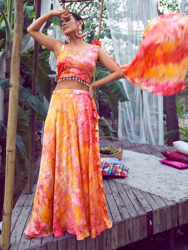 Orange Lehenga Choli with Fancy Dupatta with Digital Printed Work for Party Wear
