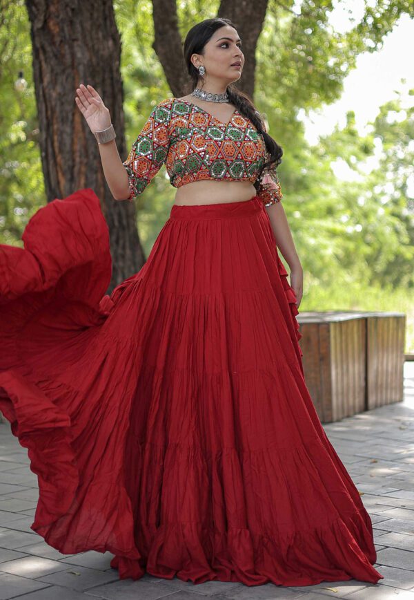 Designer Readymade Red Reyon Lehenga Choli Set